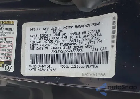 2005 Toyota Corolla Le z USA, uszkodzony, nr VIN 1NXBR32E55Z456886